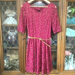 Shimmery Belted Lace Fit & Flare Dress